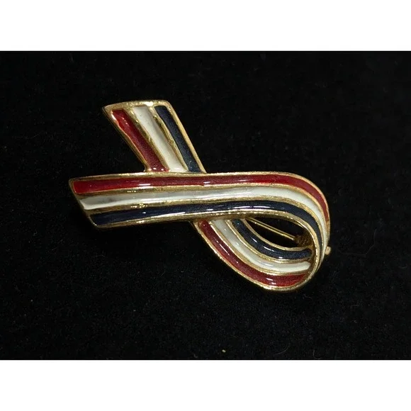 American Flag Ribbon Brooch Red White Blue Enamel Patriotic Pin - Picture 3 of 8